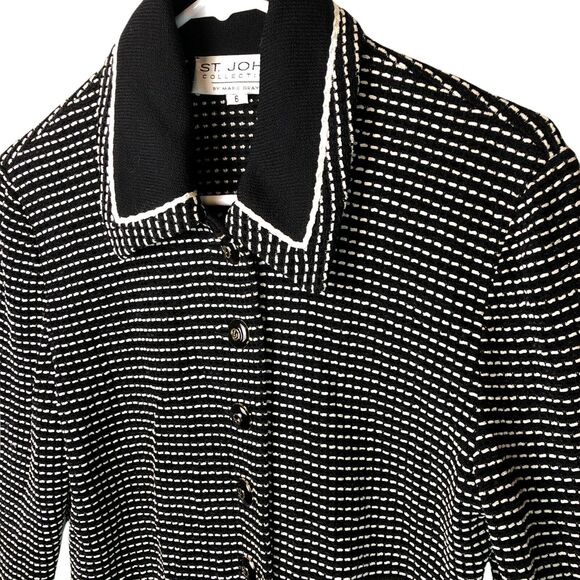 St John Collection Marie Gray Collared Cardigan‎ Sweater Black And White 6 - Picture 2 of 6